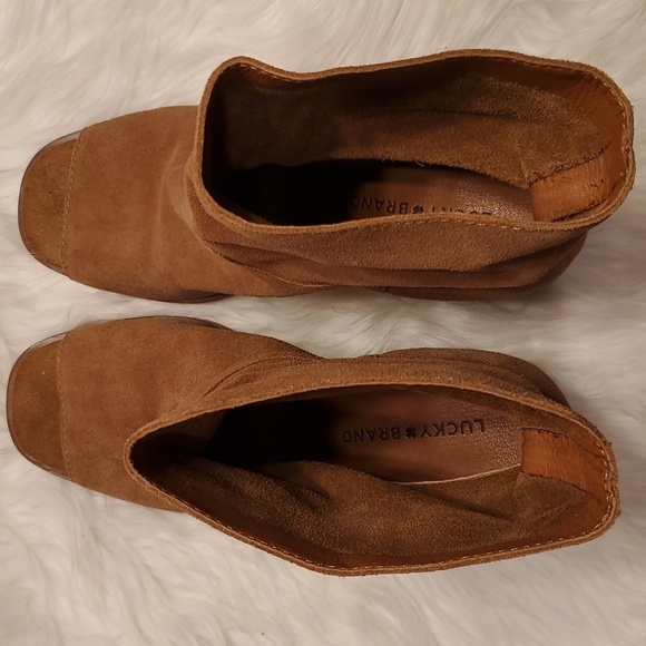 Lucky Brand Ryemi Suede Slouchy Peep Toe Bootie In Tan Block Heel Size 10 - Picture 4 of 7
